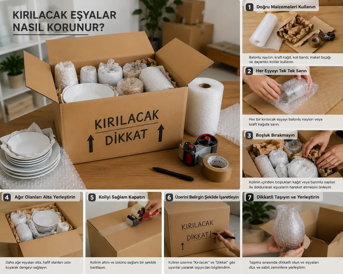 Kırılacak eşyalar için düzenli paketlenmiş koliler