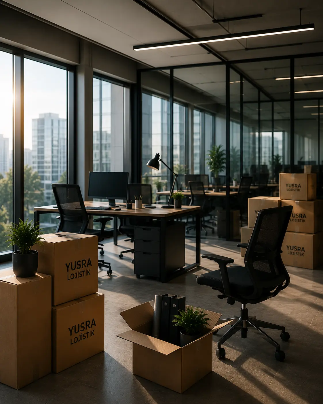 Ofis taşıma öncesi kutulanan çalışma alanı