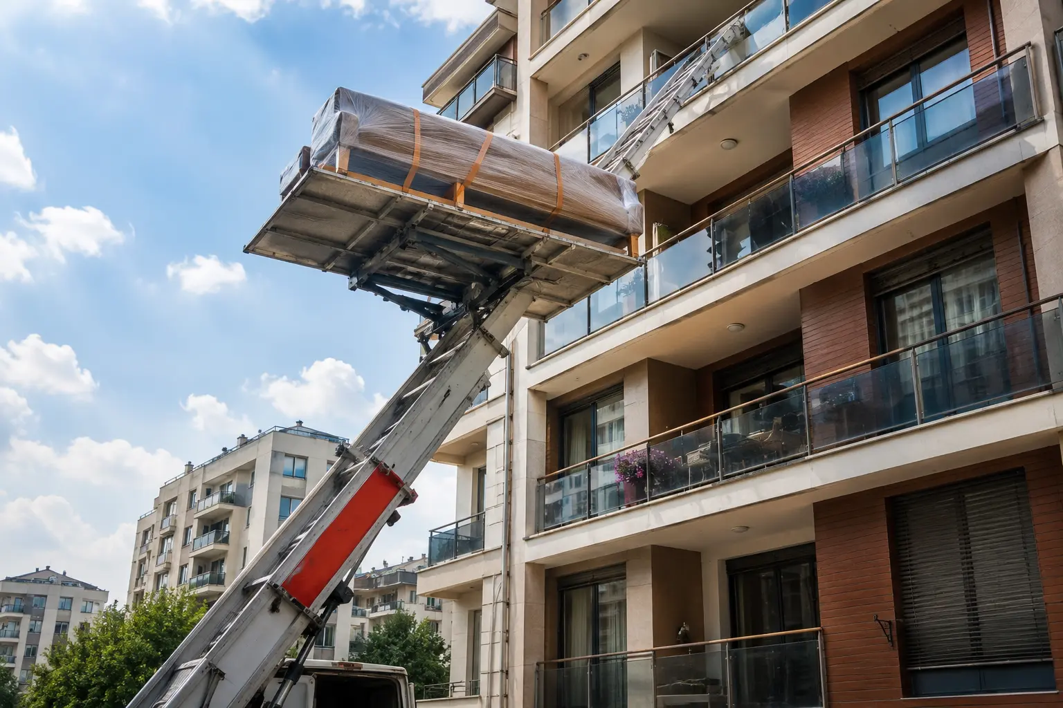 Yüksek katlı binada asansörlü taşıma hazırlığı