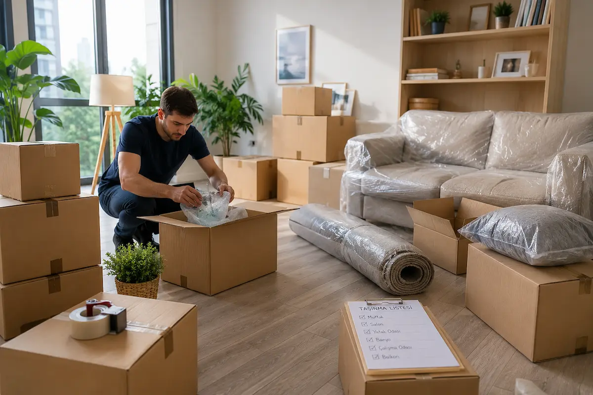 Taşınmadan önce düzenli şekilde paketlenmiş ev eşyaları